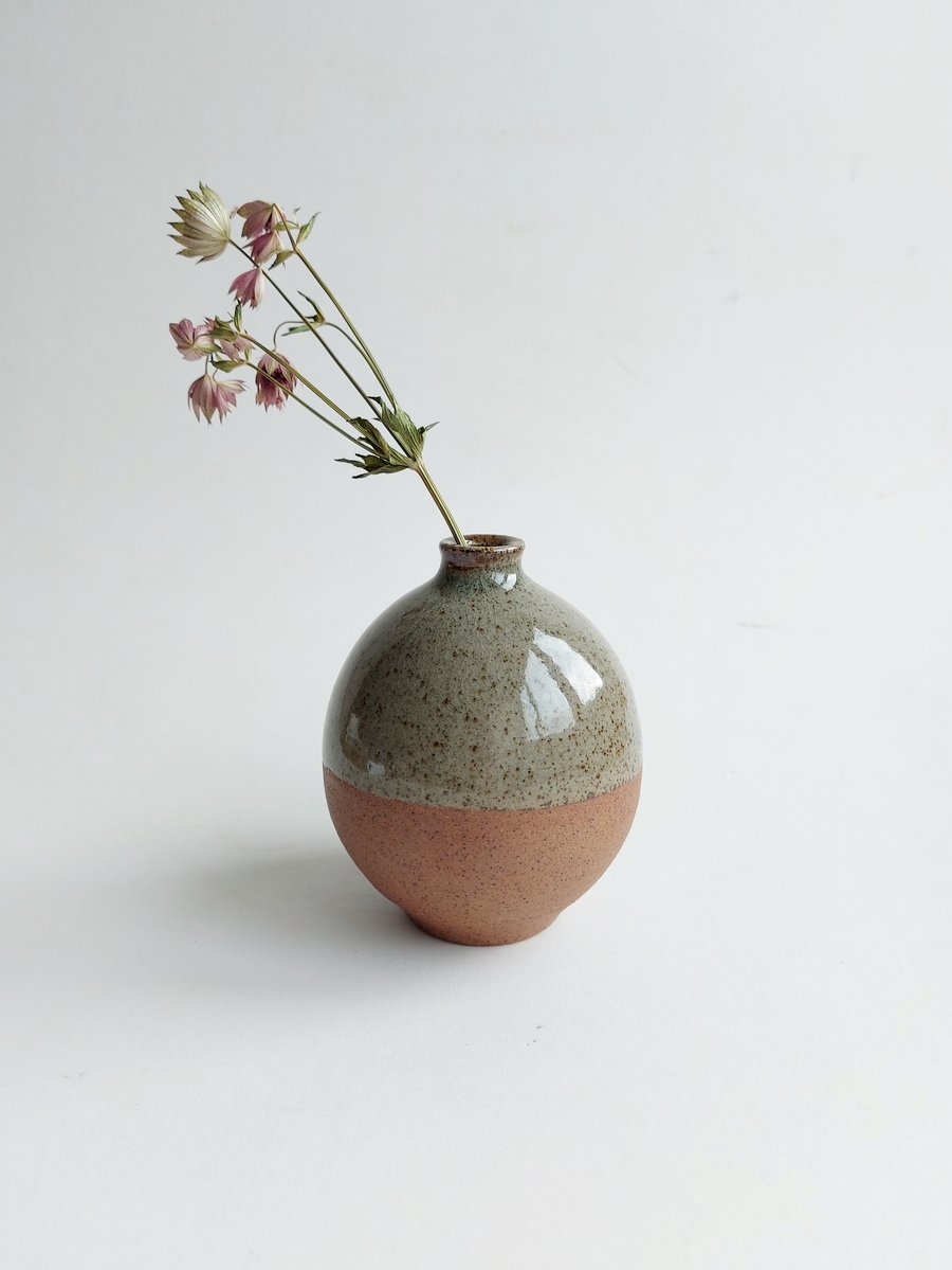 Small Wood Fired Bud vase in Celadon  glaze