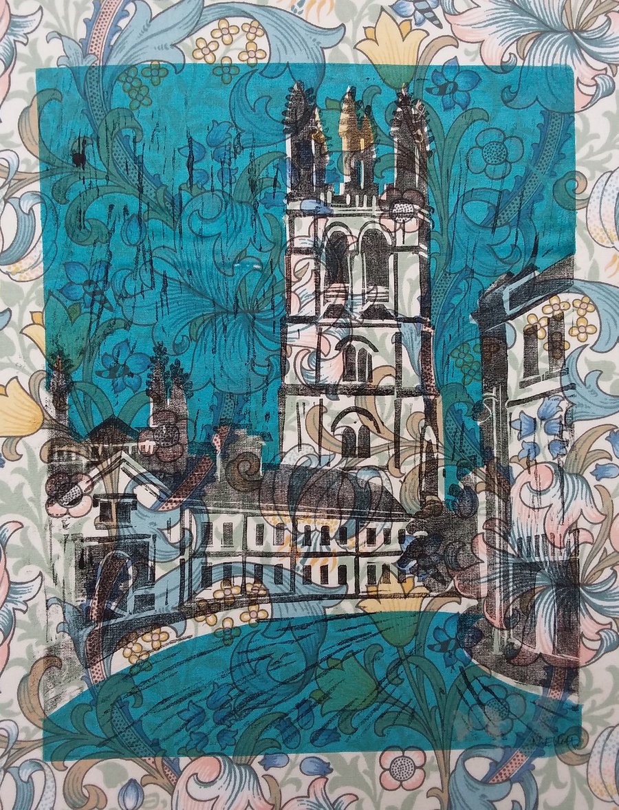 Magdalen tower Oxford (on blue William Morris)