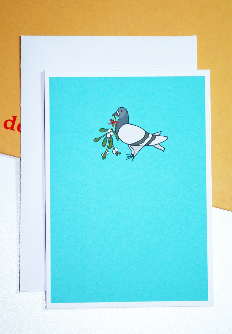 Pigeon and Mistletoe Christmas Illustration A6 Card