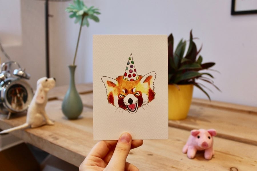 Happy Red Panda in Party Hat - Cute - Postcard - A6 Print