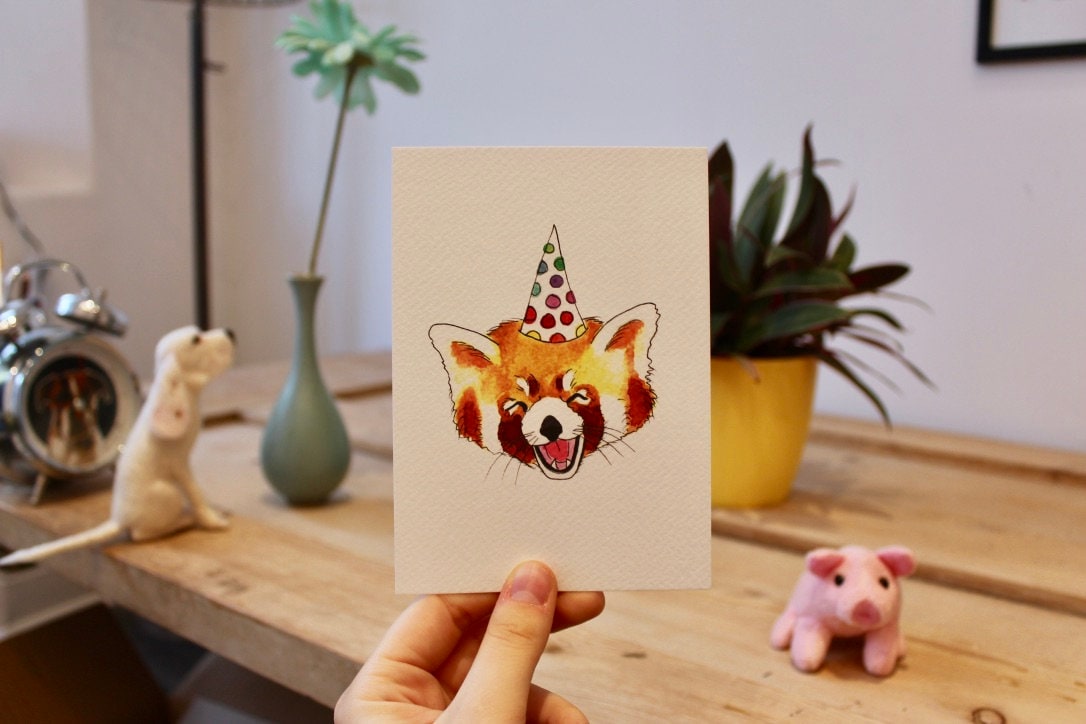 Happy Red Panda in Party Hat - Cute - Postcard - A6 Print