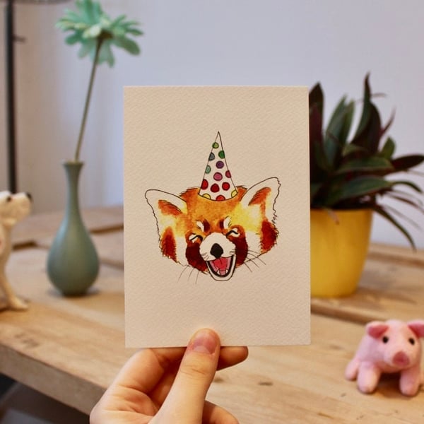 Happy Red Panda in Party Hat - Cute - Postcard - A6 Print