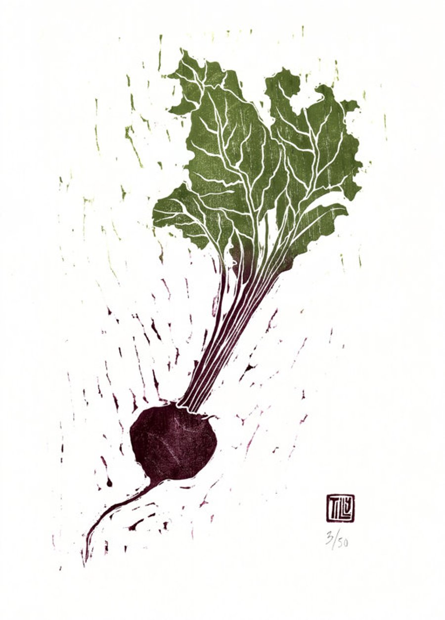 Beetroot woodcut, green & Purple, woodblock print, garden