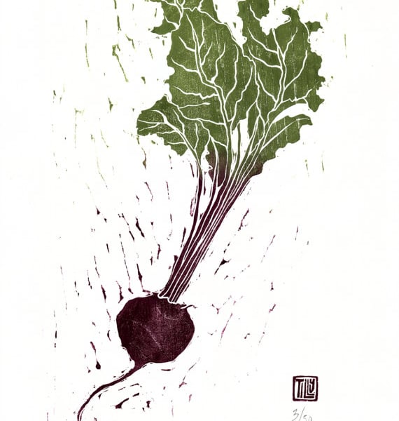 Beetroot woodcut, green & Purple, woodblock print, garden