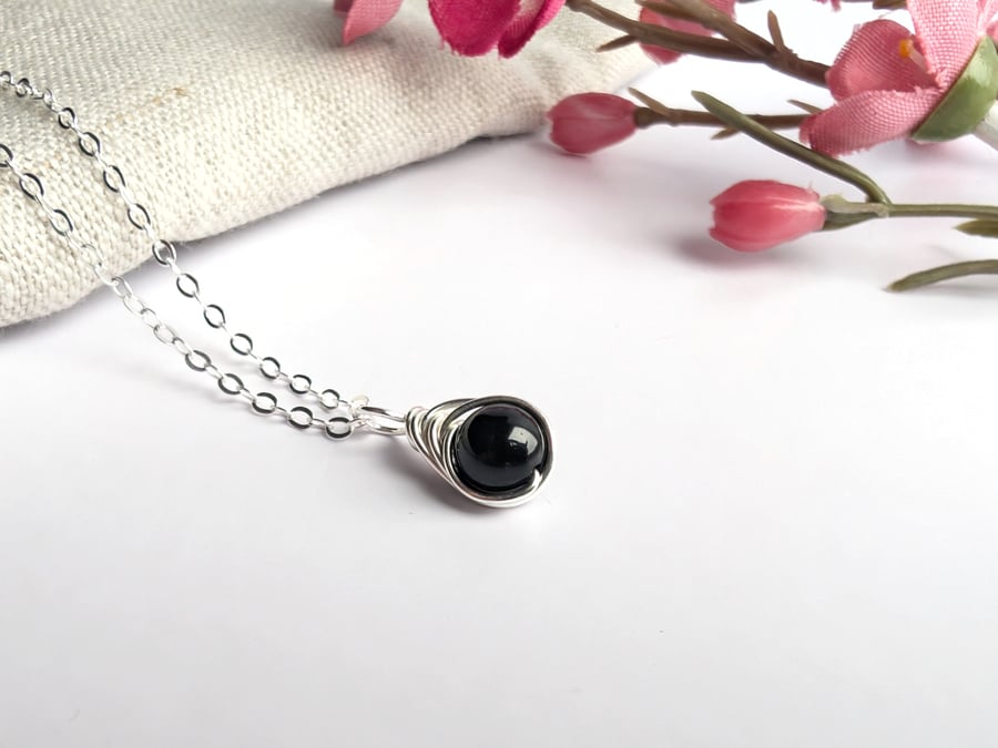 BLACK TOURMALINE Minimalist Dainty Sterling Silver Pendant October Birthstone
