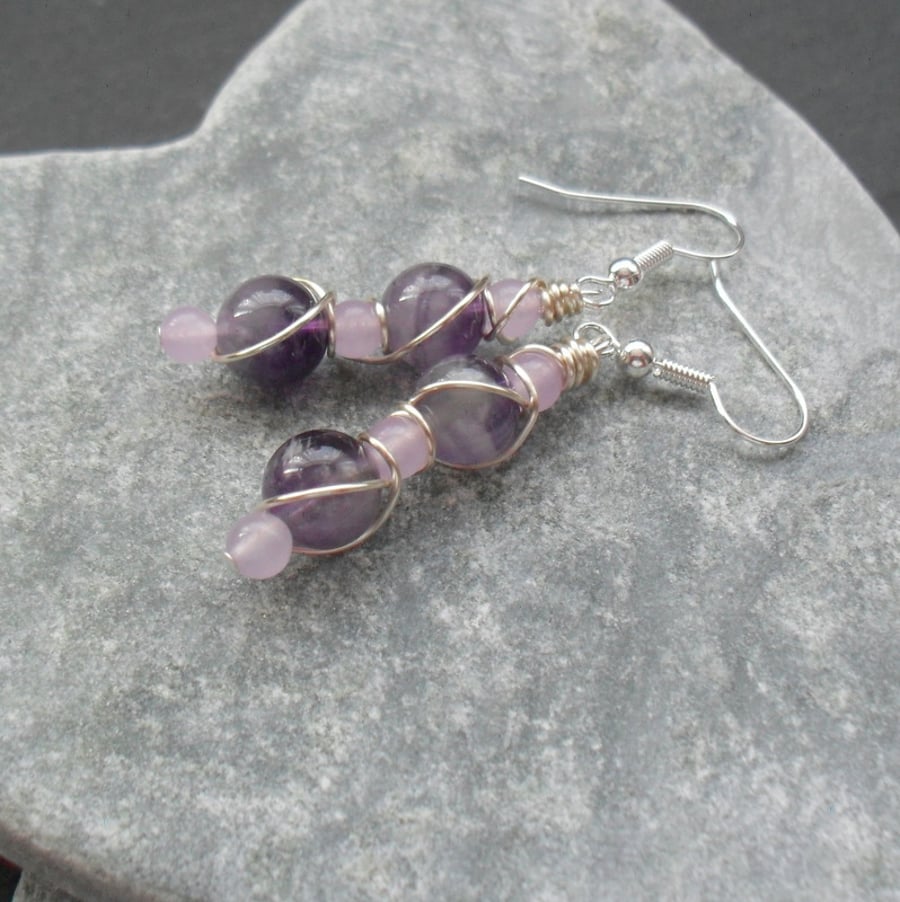 Wire Wrapped Sage Amethyst Silver Plated Drop Earrings