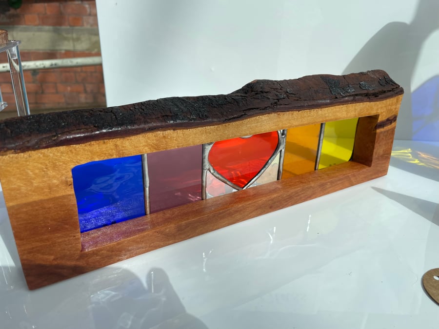 Window sill stained glass heart and  elder wood surround sun catcher