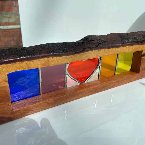 Window sill stained glass heart and  elder wood surround sun catcher