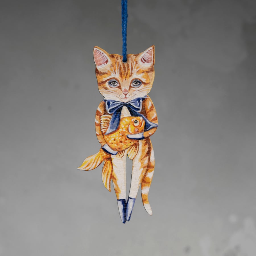 Wooden hanging decoration of a ginger cat called Simon with a goldfish