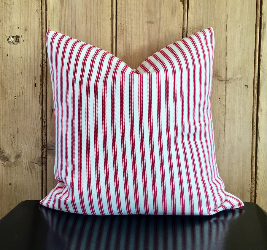 Red and Cream Ticking Striped Cushion Cover 16” x 16”