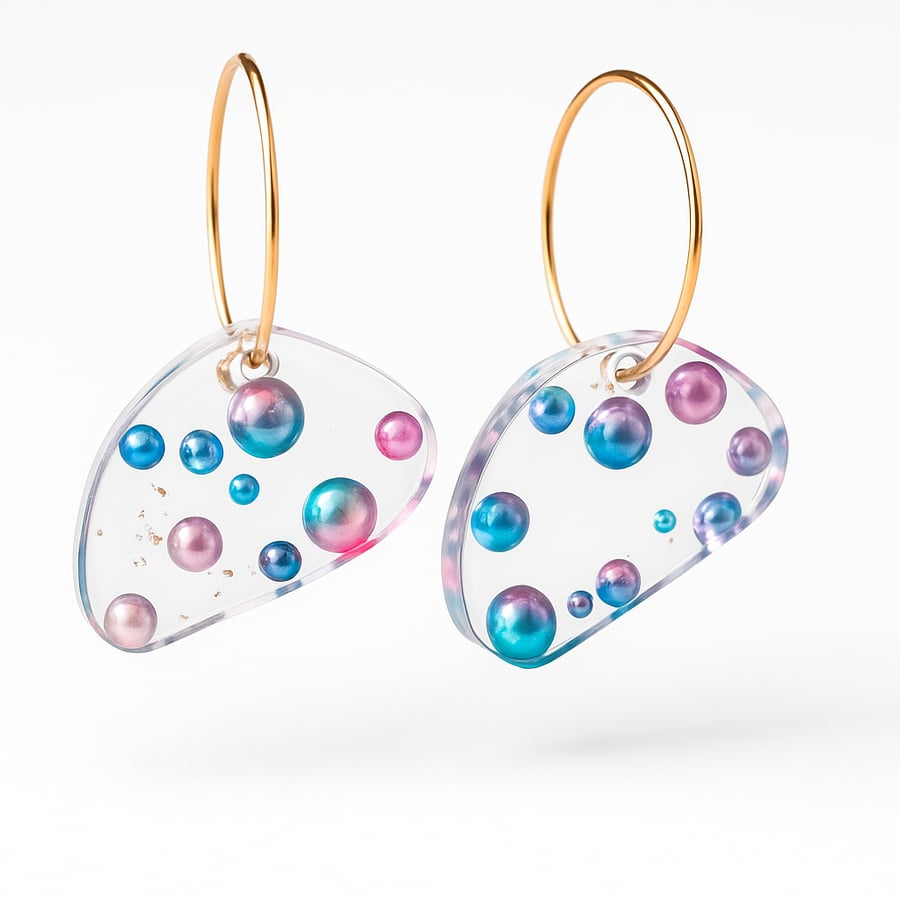 Blue and Purple Pearl Resin Earrings – Asymmetrical Hoop Statement Jewellery – H