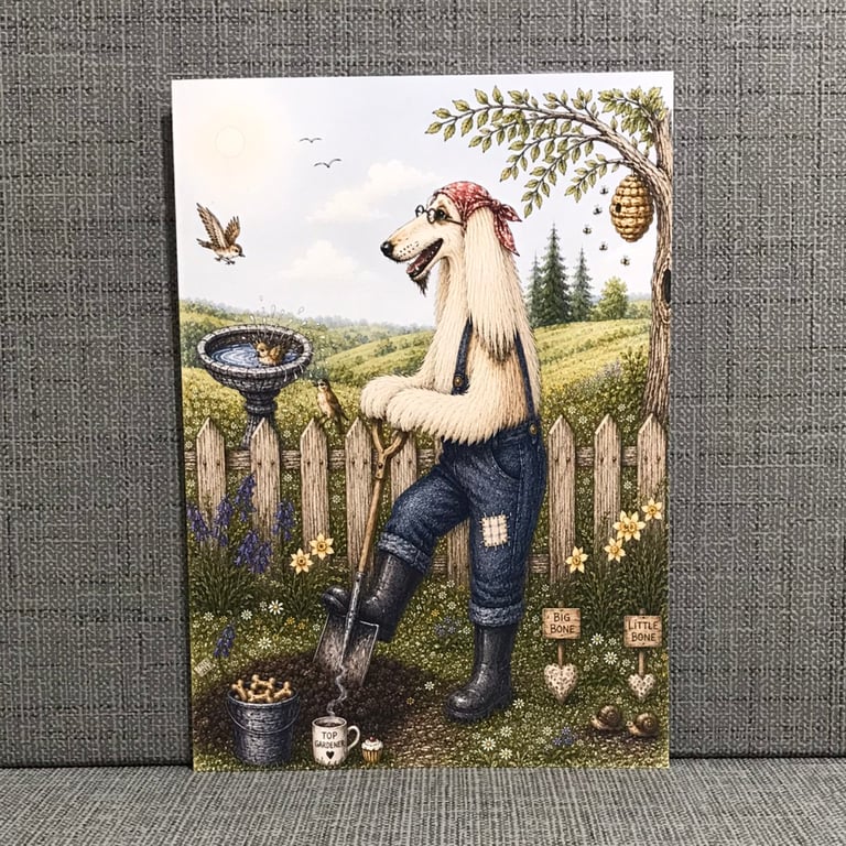 A5 Afghan Hound Gardening Birthday Card — Whimsical Dog Art — Blank Card