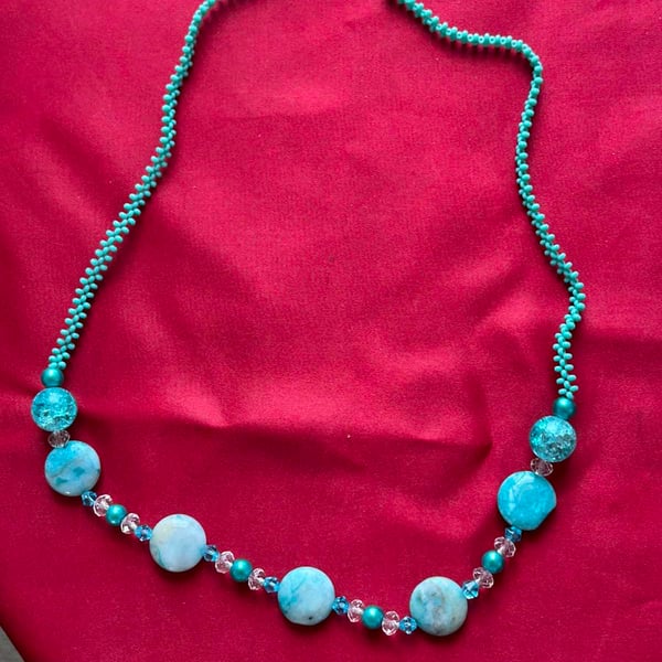 Handmade Turquoise Beaded Necklace, Aqua Blue Statement Jewellery