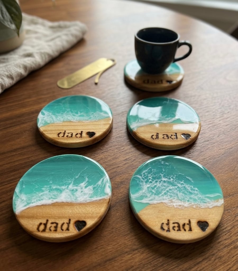 Handmade Resin Ocean Wave Coasters, Beach Wood Decor (Dad Gift)