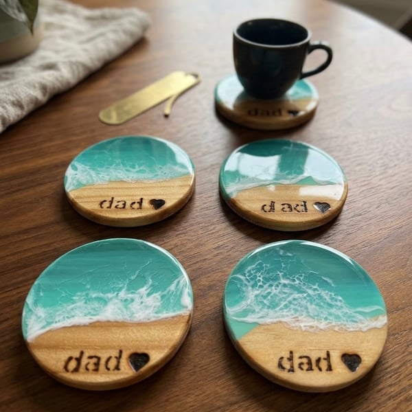 Handmade Resin Ocean Wave Coasters, Beach Wood Decor (Dad Gift)