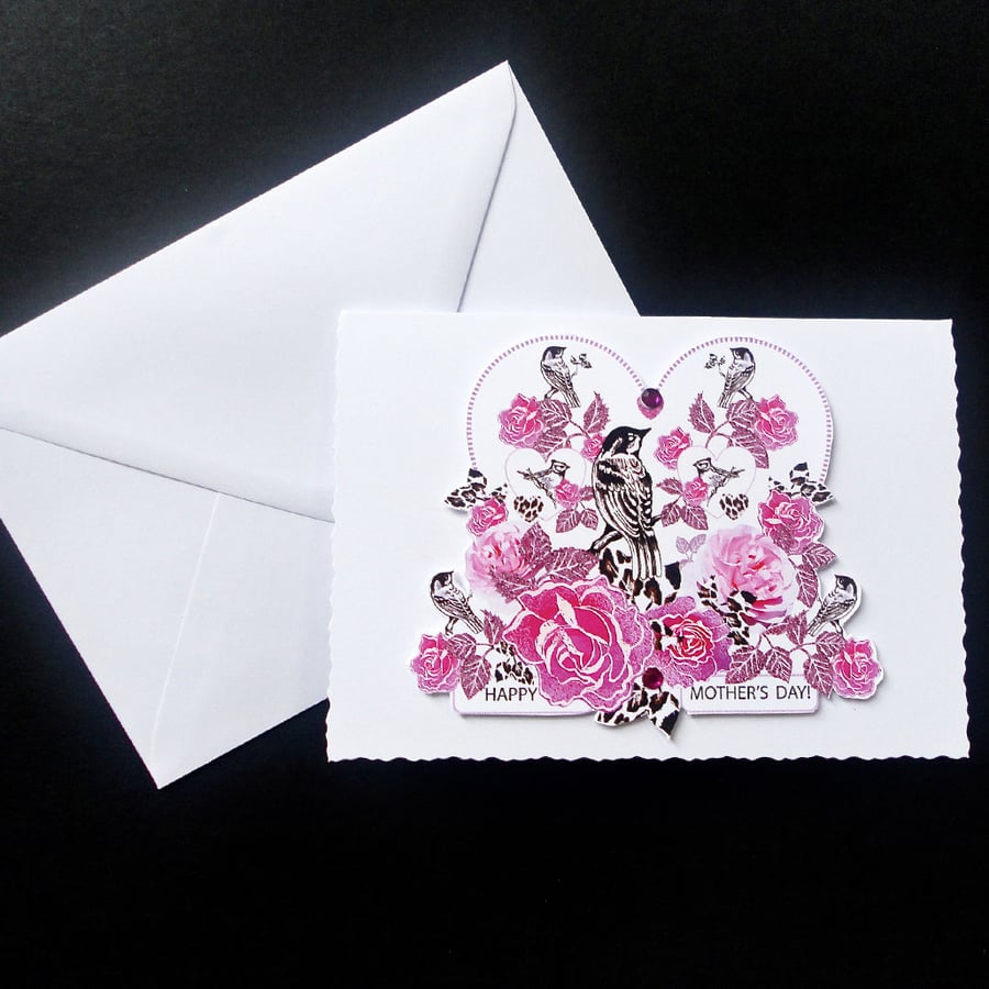 Pink Rose and Bird Handcrafted Mother's Day Card