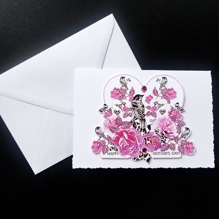 Mother's Day Pink Rose and Bird Handcrafted Card