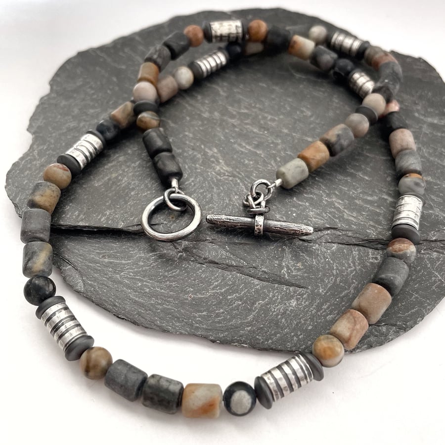 Silver jasper and hematite bead necklace suitable for men or women 