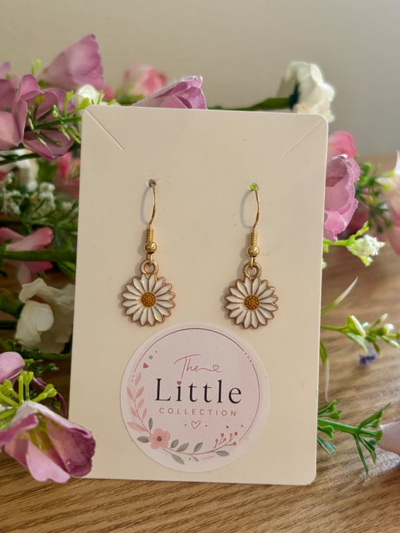 White Flower Dangle Earrings, Enamel Floral Charms, Handmade Jewellery