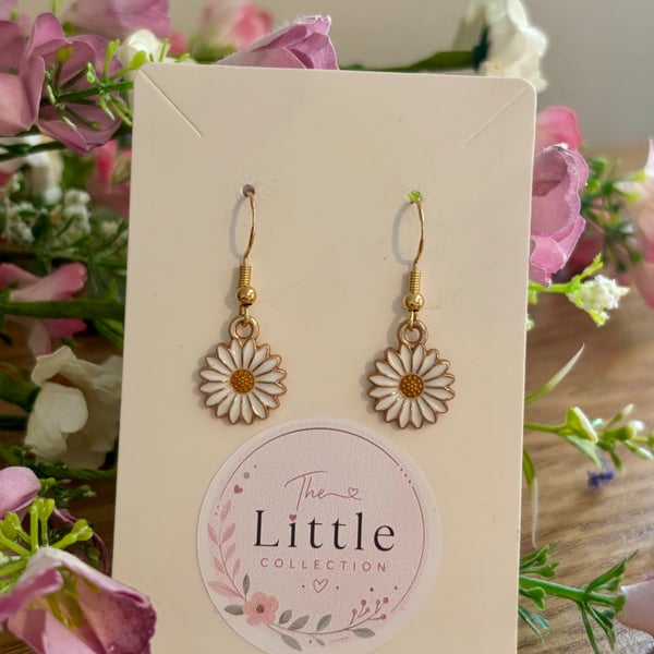 White Flower Dangle Earrings, Enamel Floral Charms, Handmade Jewellery