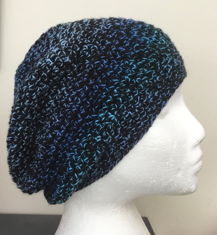 Cobalt Tones! Crocheted Beanie, Slouchy or Beret in Denys Brunton Designer Yarn.