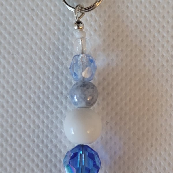 Blue and white beaded phone or bag charm