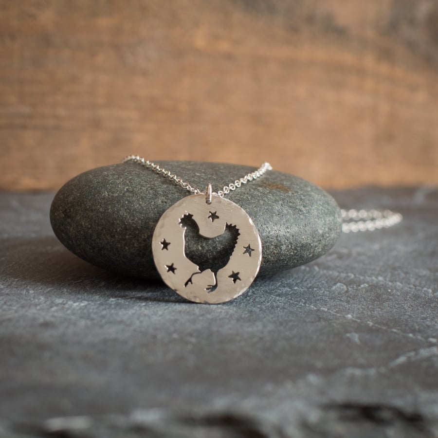 Hand Sawn Sterling Silver Chicken and Stars Necklace