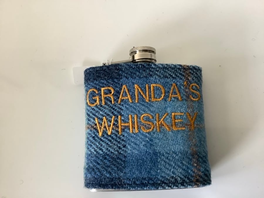  Harris tweed Blue Check 6oz hip flask with embroidered Granda,s whisky
