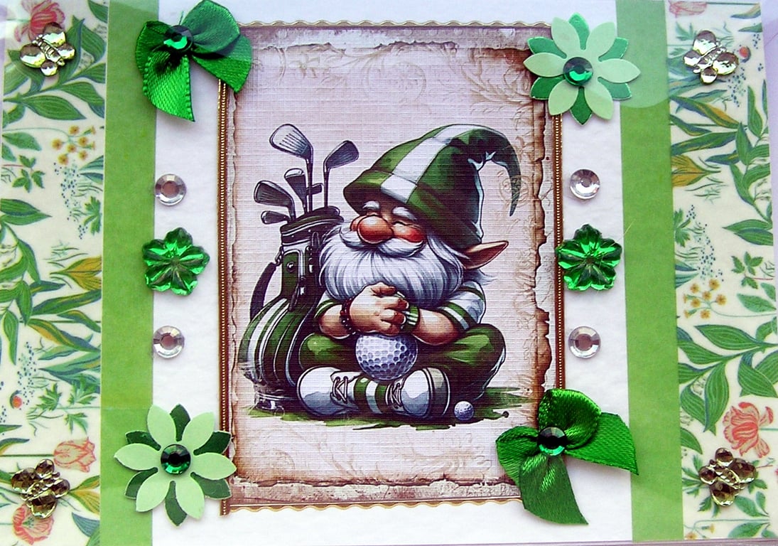 Gnome with Golf Clubs - Hand Crafted Decoupage Greeting Card - Blank 2855