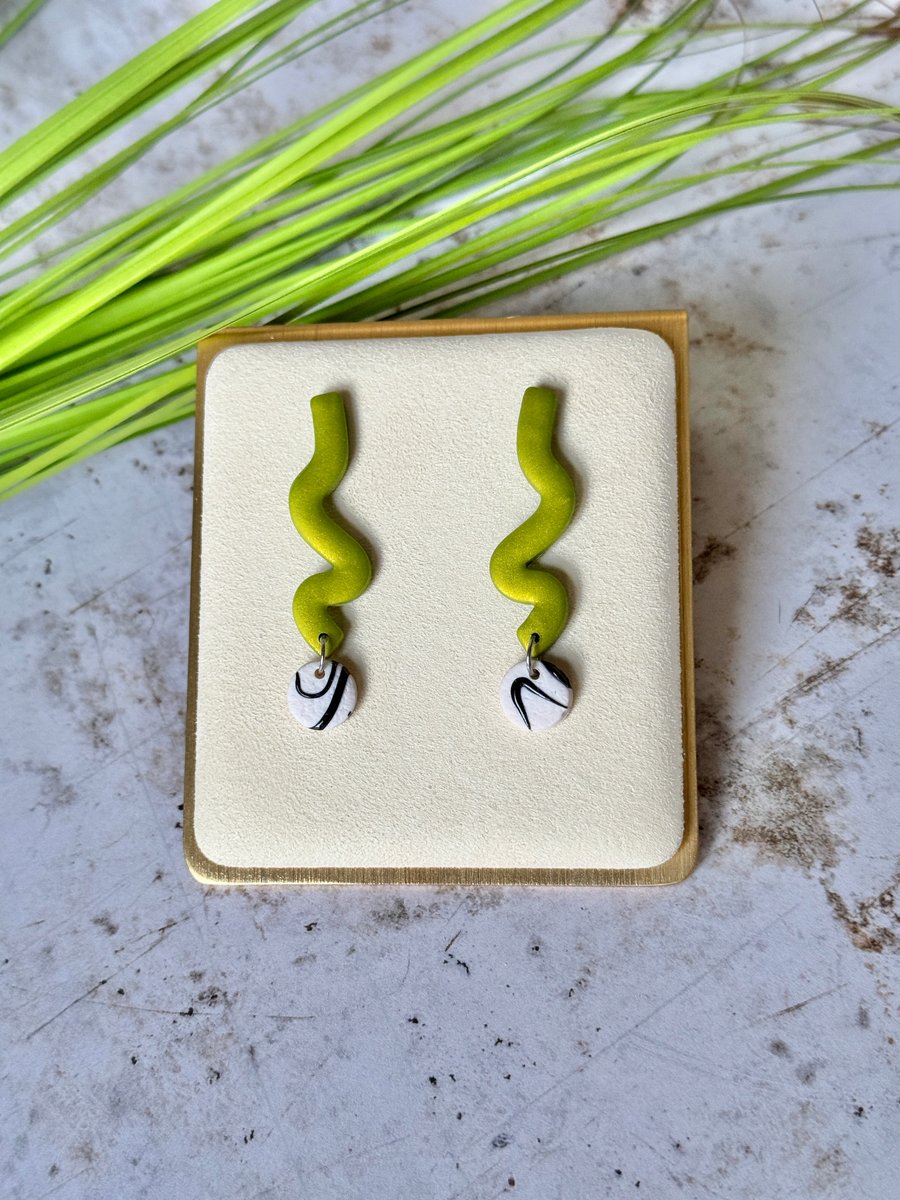 Colour & Monochrome - Metallic Green Squiggle Earrings