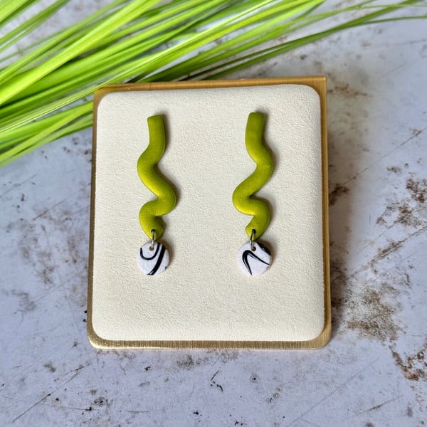 Colour & Monochrome - Metallic Green Squiggle Earrings