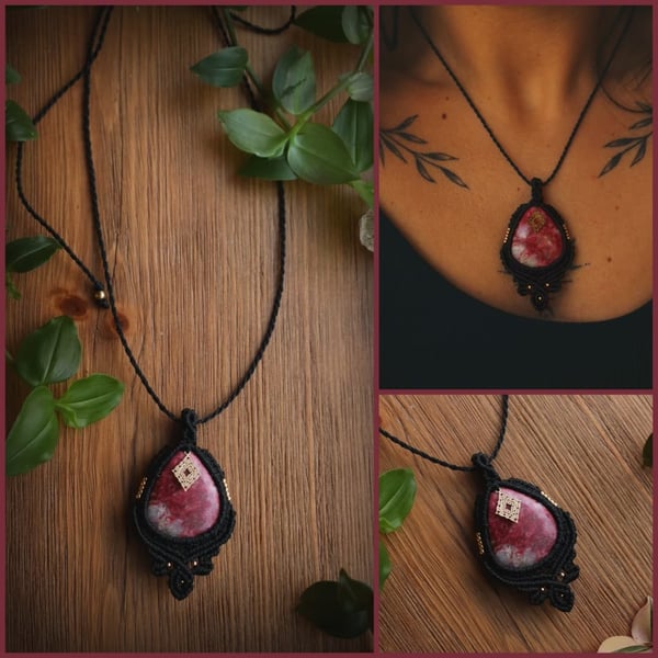 Women's necklace with Rhodonite , micro macrame Boho style