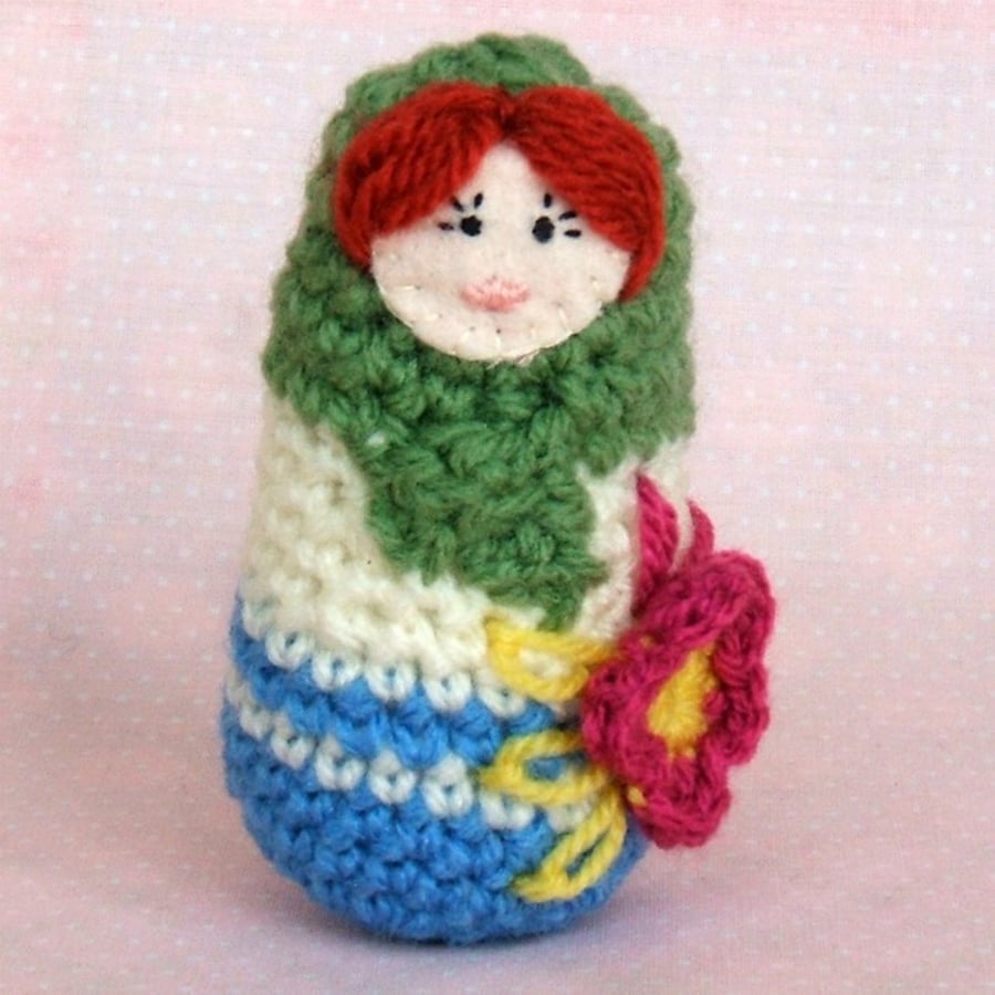 Small Crocheted Russian Doll in Green, Cream & Blue