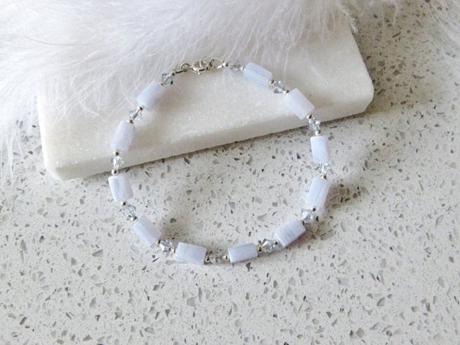 Bespoke Blue Lace Agate, Premium Crystals & Sterling Silver Bracelet