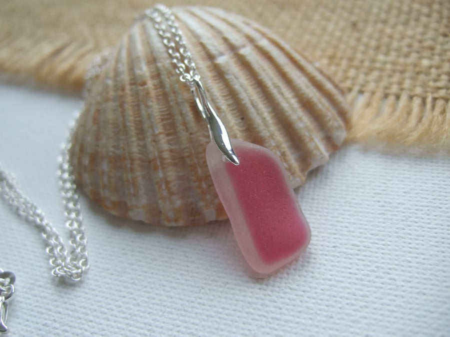 Scottish pink sea glass jewelry, sterling silver pink beach pendant, wave design