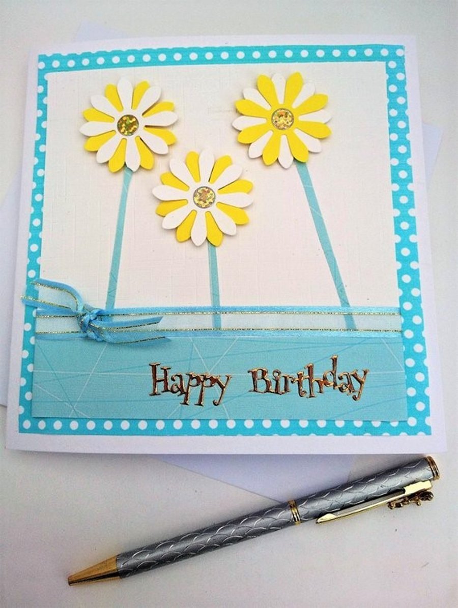Happy Birthday Yellow and White Flowers Card,Handmade, Male,Female, FREE P&P UK