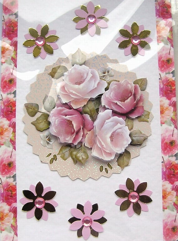 Pink Rose Flower - Hand Crafted Decoupage Greeting Card - Blank 3025