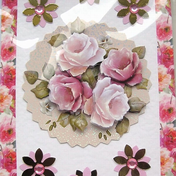 Pink Rose Flower - Hand Crafted Decoupage Greeting Card - Blank 3025