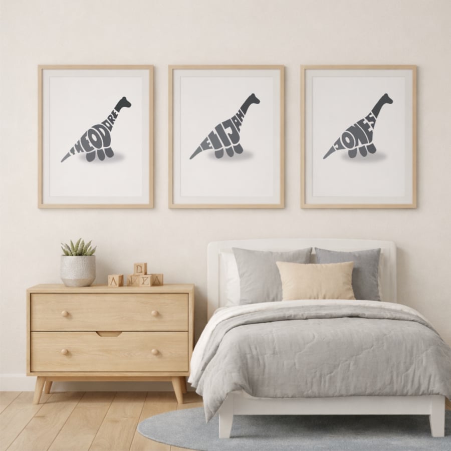 Image of Personalised Dinosaur Boy Set of 3 Bedroom Prints First Middle and Surname A4 A3