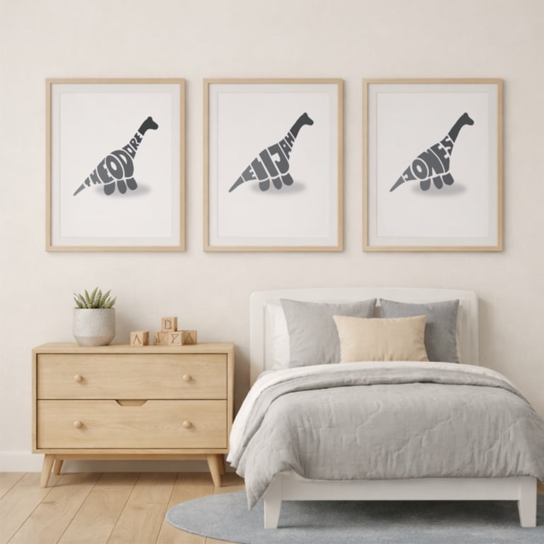 Personalised Dinosaur Boy Set of 3 Bedroom Prints First Middle and Surname A4 A3