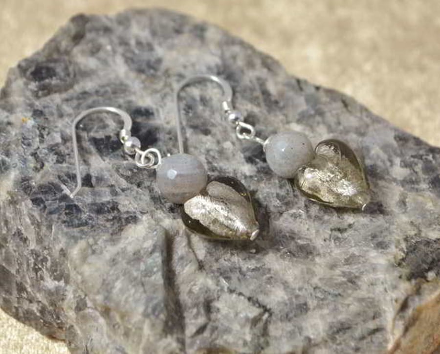Murano Glass Heart & Labradorite Earrings
