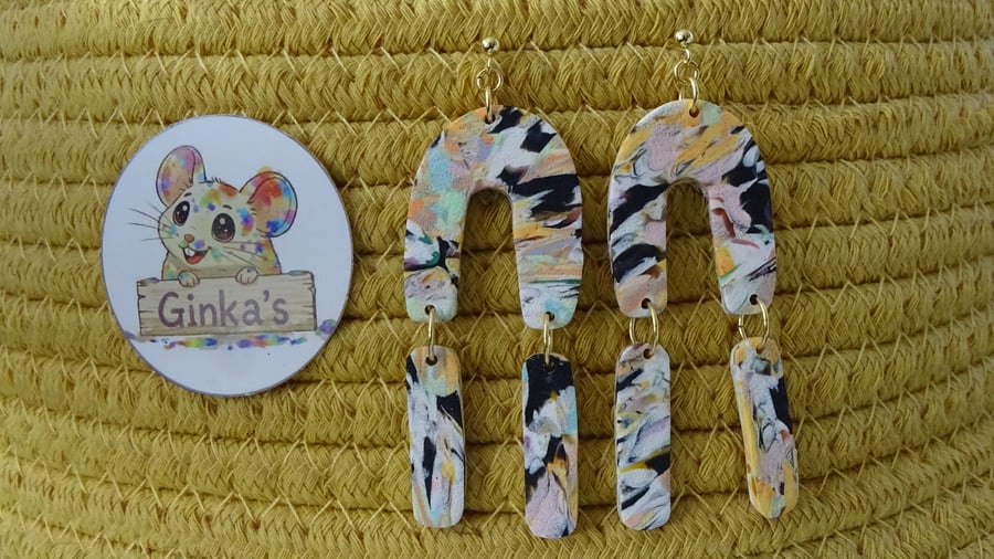 Abstract Arch Polymer Clay Dangle Stud Earrings – Handmade