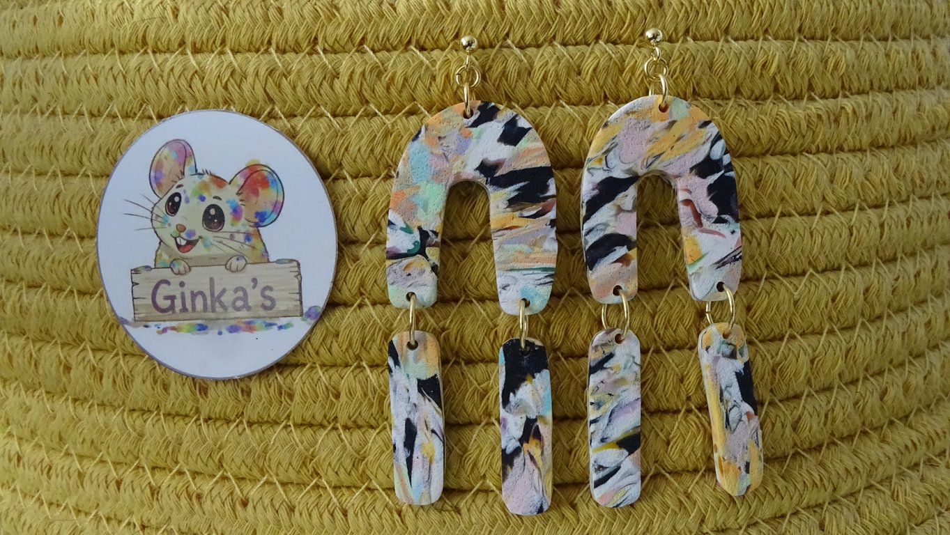 Abstract Arch Polymer Clay Dangle Stud Earrings – Handmade