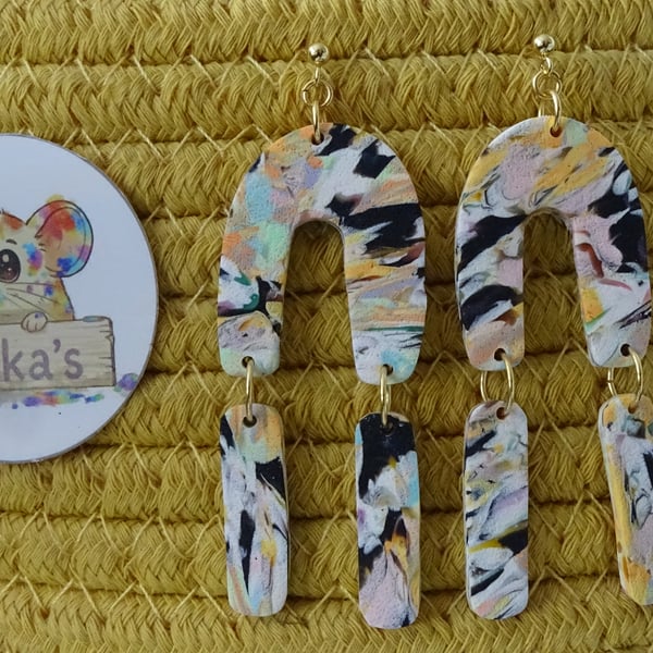 Abstract Arch Polymer Clay Dangle Stud Earrings – Handmade