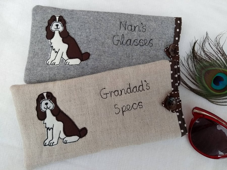 Spaniel Dog Custom Padded Glasses Case - Sunglasses or Spectacles Linen or Grey