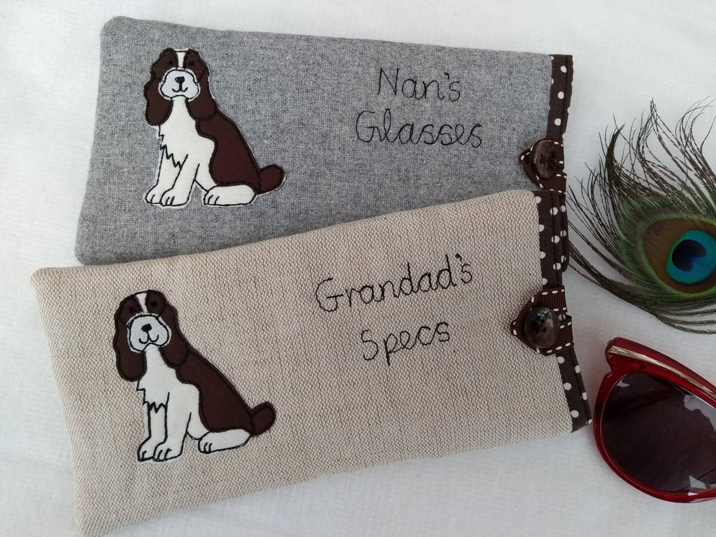 Spaniel Dog Custom Padded Glasses Case - Sunglasses or Spectacles Linen or Grey