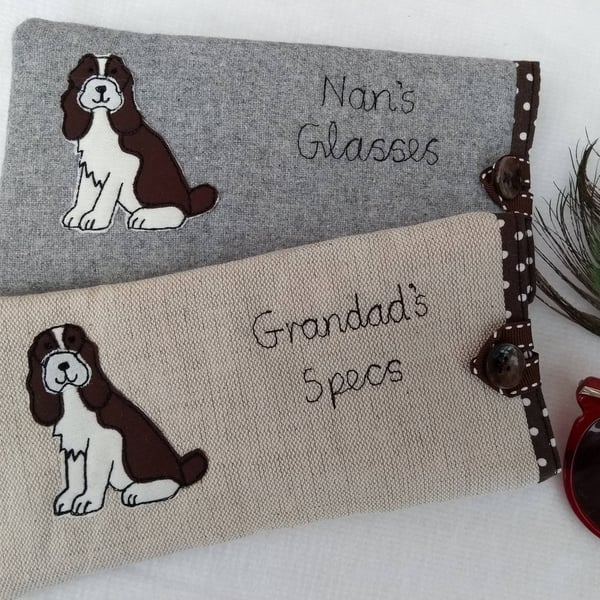 Spaniel Dog Custom Padded Glasses Case - Sunglasses or Spectacles Linen or Grey
