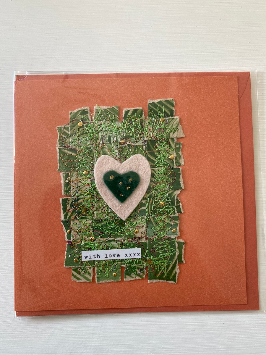 With love card: woven panel with embroidery and felt hearts. Blank inside.
