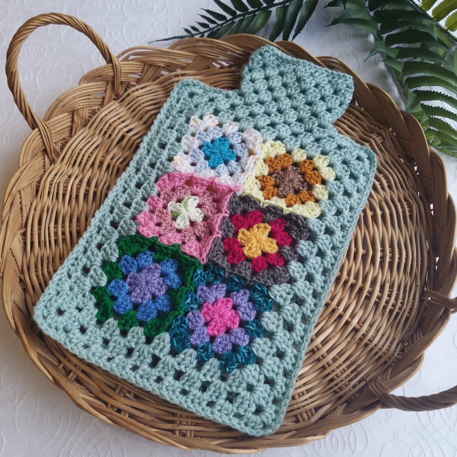  Crochet Hot Water Bottle Cover Granny Square 'Happy Scrappy' Duck Egg