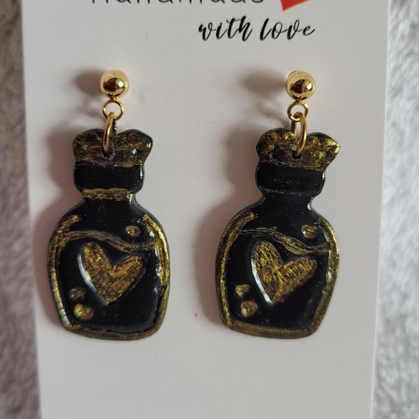 Halloween Heart Potion Bottle Polymer Clay Earrings. 316 Stainless Steel